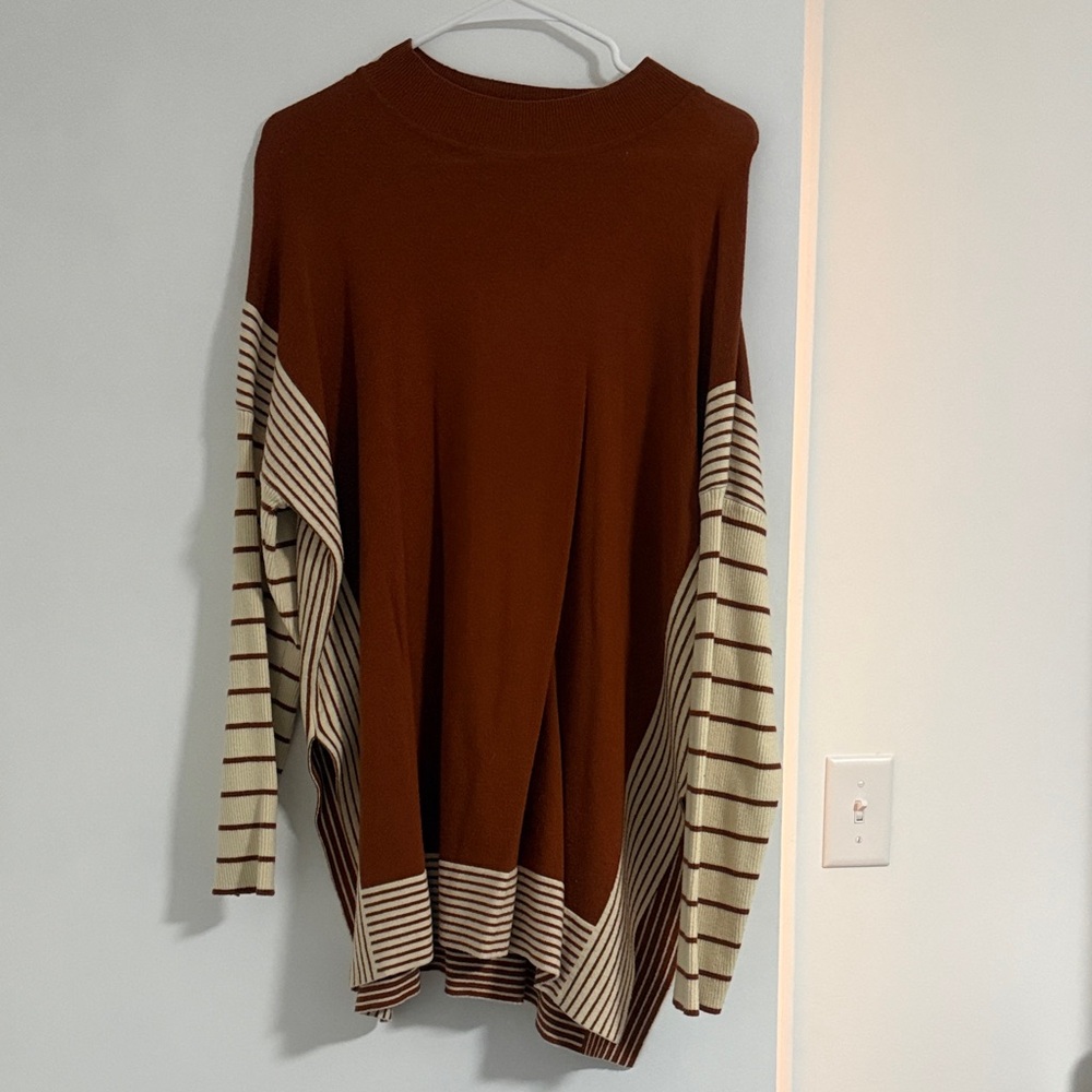 Daytrip Brown Crewneck Sweater with Cream Striped Sleeves